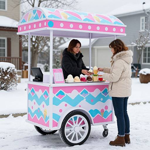 Photograph of two women in winter clothes, standing in snow, ordering from a colorful ice cream cart with pastel patterns.