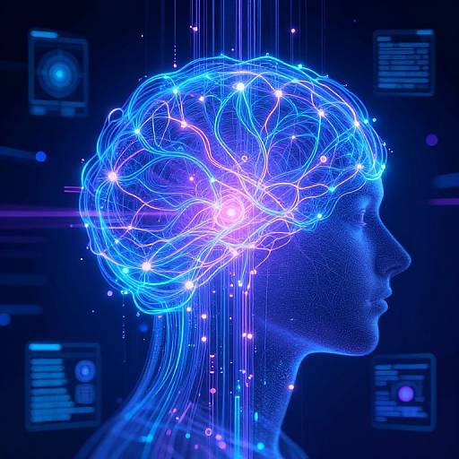 Digital artwork of a blue-lit, neon-wired human head in profile against a dark, tech-themed background with glowing lines and symbols.