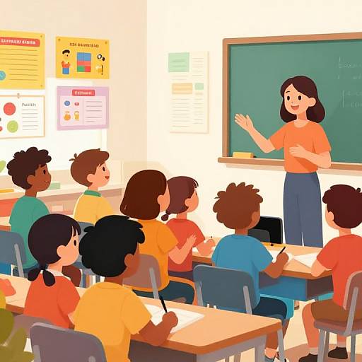 Digital illustration of a diverse classroom: a female teacher with light skin and black hair, wearing an orange shirt, stands before a green chalkboard, while