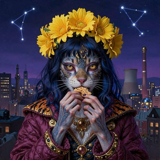 Photorealistic digital artwork of a cat-faced woman with yellow flower crown, holding a flower, wearing ornate maroon dress, against a nighttime city