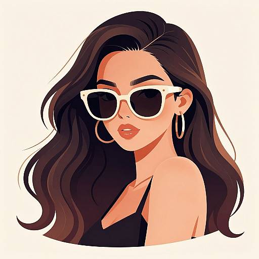 Digital illustration of a stylish woman with long, wavy black hair, white-framed sunglasses, large silver hoop earrings, and a black strap top,