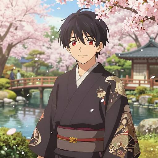 Anime-style drawing of a young man with black hair and red eyes, wearing a black kimono with floral patterns, standing under cherry blossoms in a