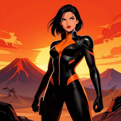 Digital comic-style artwork of a fierce, black-haired woman in a tight, black and orange bodysuit, standing confidently in a volcanic landscape at sunset