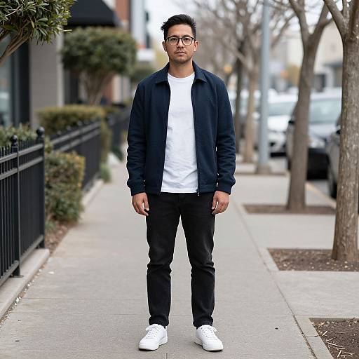 Photograph of a young Asian man with short black hair, glasses, wearing a black jacket, white t-shirt, black pants, and white sneakers,