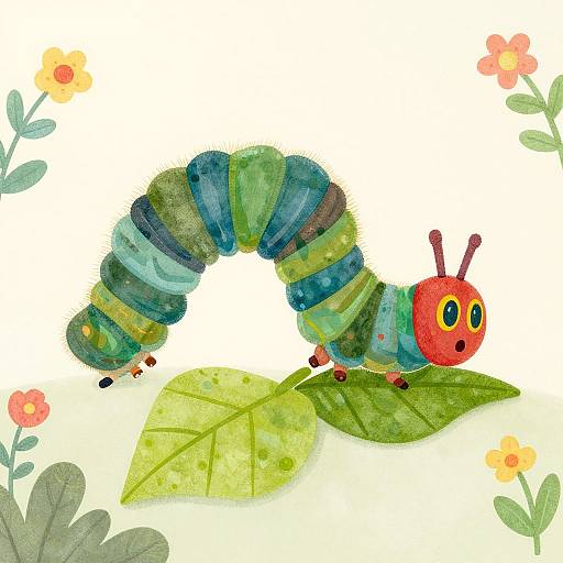 Watercolor illustration of a colorful, segmented caterpillar with red head and green-blue body, perched on a green leaf, surrounded by small flowers and