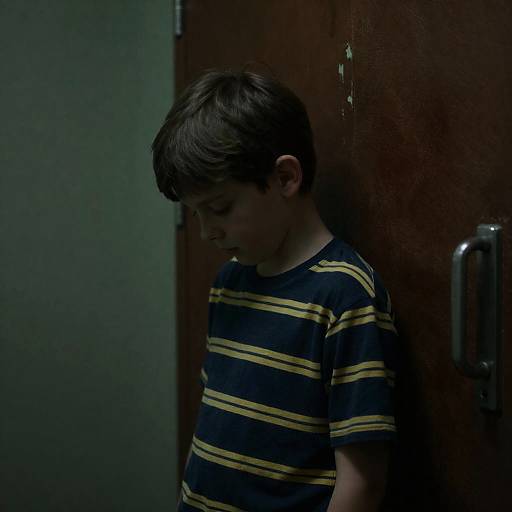 Pensive Boy Leaning Against Leather Wall
