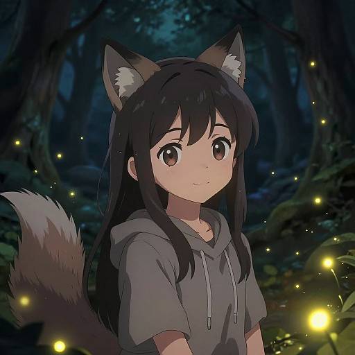 Anime-style digital drawing of a cute young girl with black fox ears and tail, wearing a gray hoodie, in a dark forest with glowing fireflies.