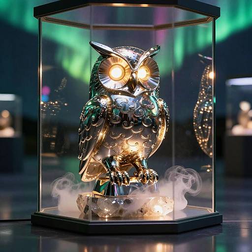 Photograph of a shiny, metallic owl sculpture with glowing eyes, surrounded by mist, inside a clear hexagonal box against a backdrop of green aurora