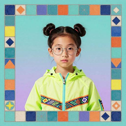 Photograph of an Asian girl with black hair in double buns, wearing round glasses and a neon yellow hoodie with tribal patterns, against a blue gradient