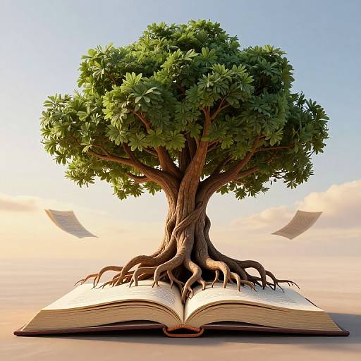 Digital illustration of a tree with thick, twisting roots emerging from an open book, set against a sunny, clouded sky.