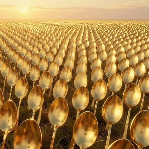 Photograph of a vast field of golden, reflective, spherical objects stretching to the horizon under a warm, orange sunset sky.
