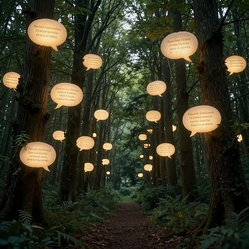 Photograph of a forest path illuminated by glowing, speech bubble-shaped lanterns with phrases like 