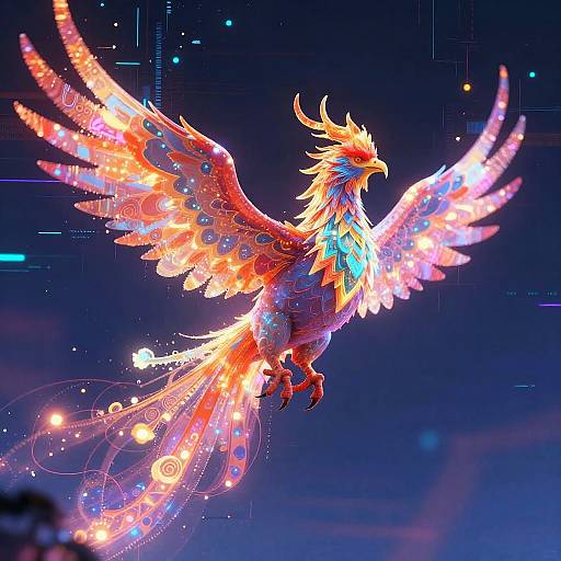 Digital artwork of a vibrant, neon-colored phoenix with glowing wings and tail feathers, soaring against a dark, starry background.