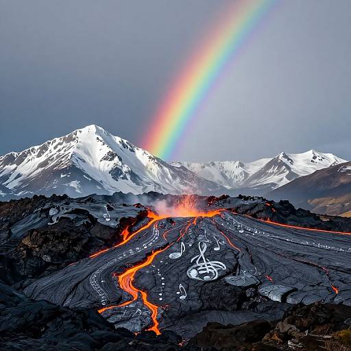 Photograph of a snowy mountain range with a vibrant rainbow, molten lava flows, and glowing orange cracks against a gray sky.