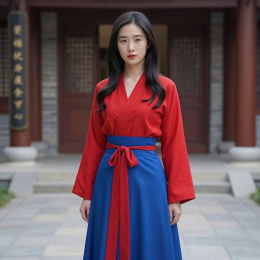 Photograph of an Asian woman with long black hair, wearing a red and blue traditional hanbok, standing in front of a traditional Korean building.