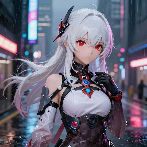 Digital anime artwork of a white-haired, red-eyed woman with futuristic black and white armor, standing in a neon-lit, rainy city street.