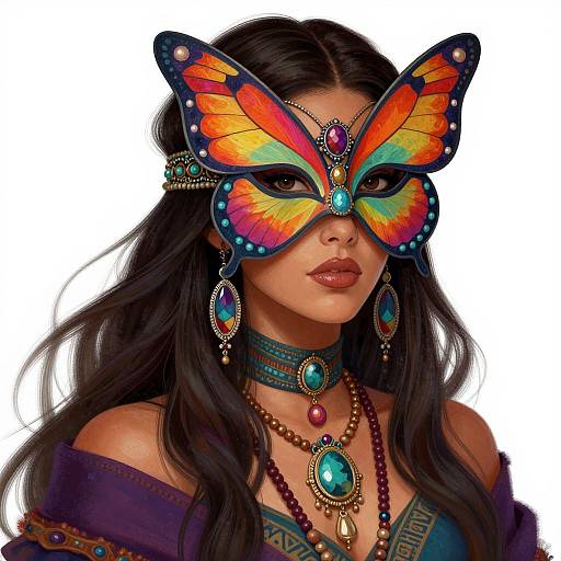 Digital art of a dark-haired woman with vibrant, multicolored butterfly mask, adorned with turquoise jewels, wearing off-shoulder purple top, turquoise
