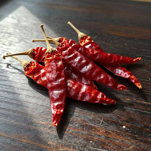 Photograph of five vibrant red, glossy, wrinkled dried chili peppers with brown stems, scattered on a dark, textured wooden surface.