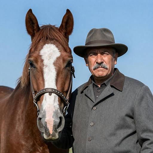 Man with Gray Hat Standing Beside Brown Horse