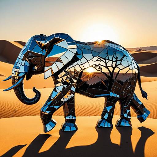 Mirror Elephant Sculpture in Desert Sunset