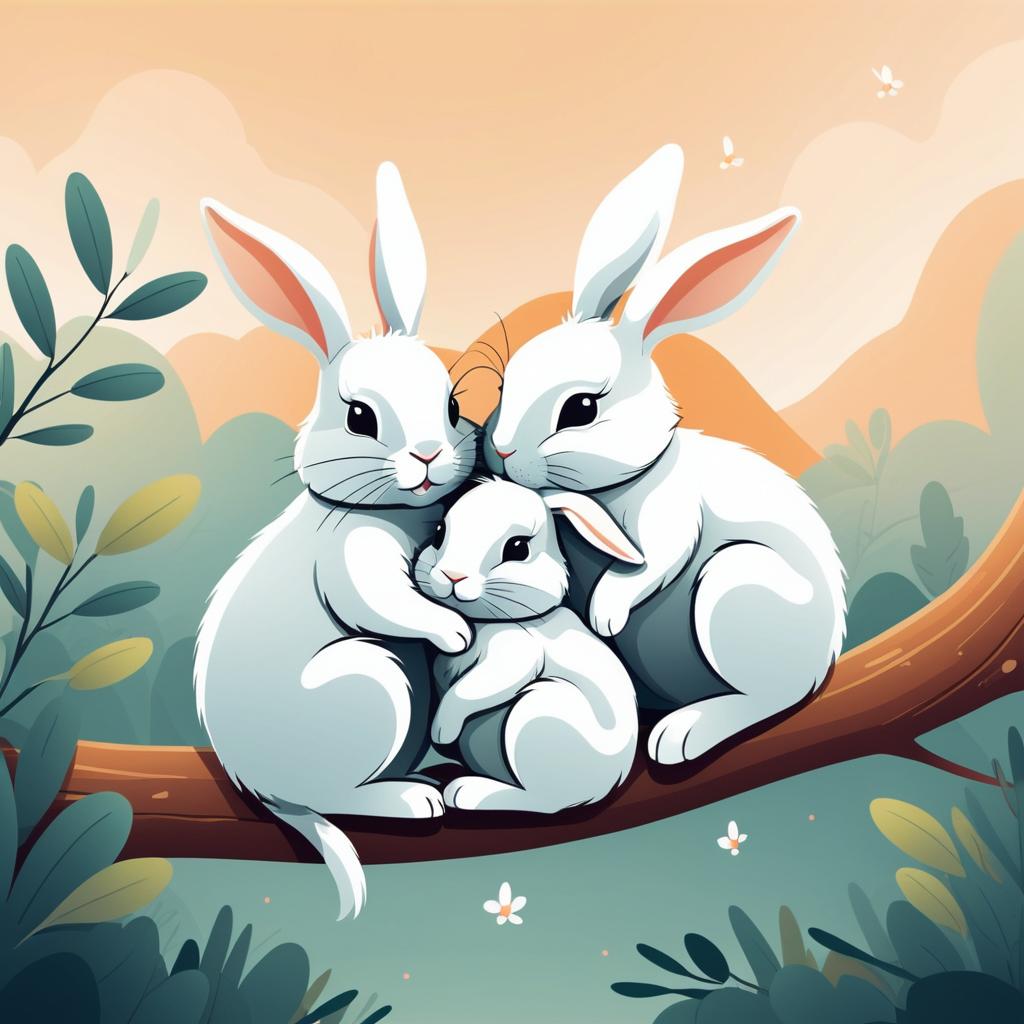 Whimsical Rabbits Cuddling on a Branch