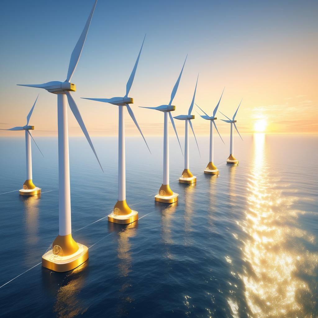 Futuristic Offshore Wind Farm at Sunset