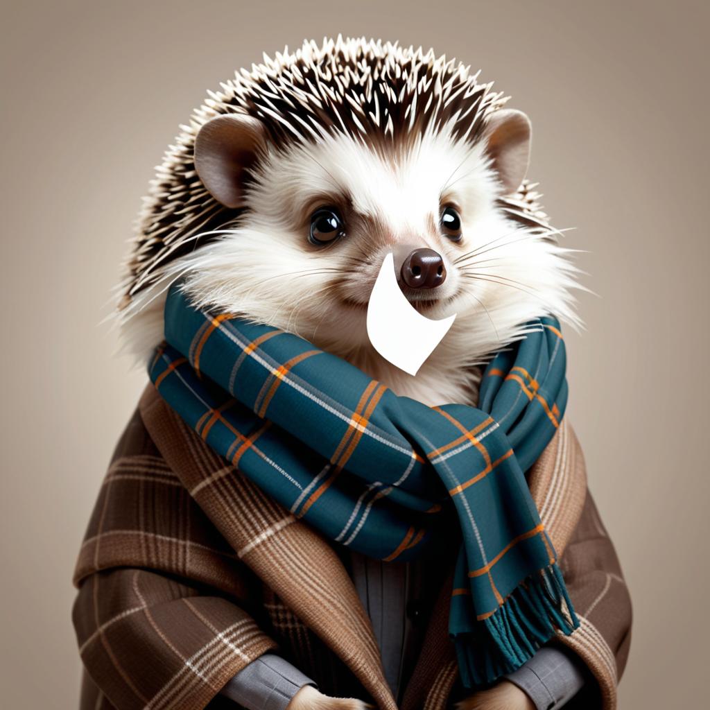 Elegant Hedgehog in Plaid Scarf