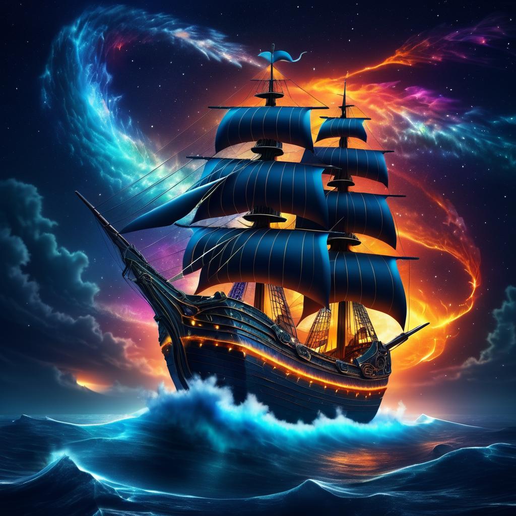 Fantasy Whale Ship in Fiery Ocean