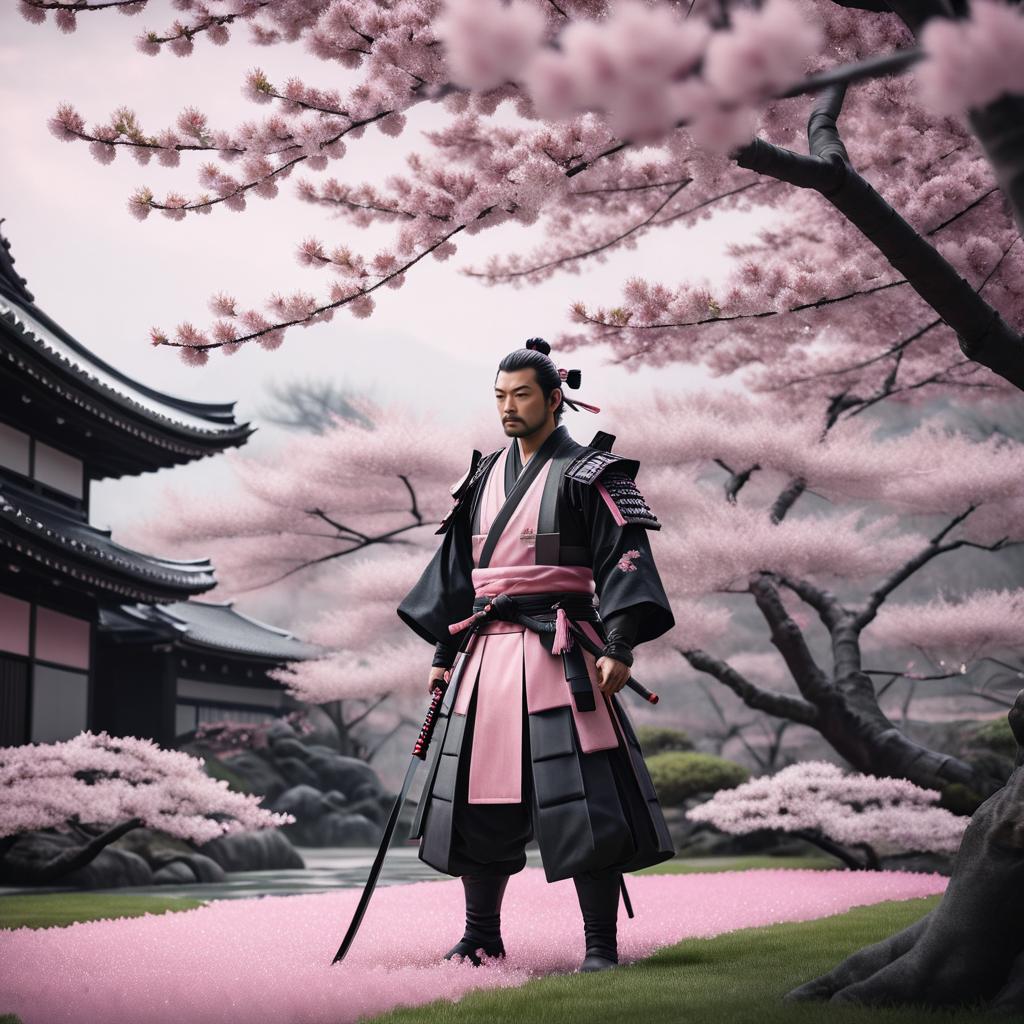 Cinematic Samurai Under Cherry Blossoms