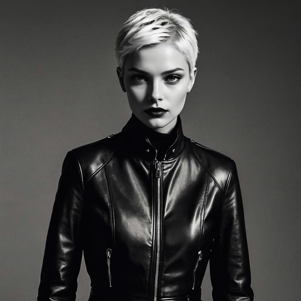 Chic Platinum Blonde in Leather Jacket