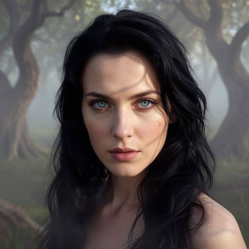 Digital artwork of a striking woman with long black hair, piercing blue eyes, and fair skin, standing in a misty forest.