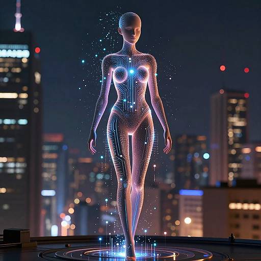 CGI digital art: Neon-lit, futuristic female silhouette with glowing blue lines, standing on a rooftop at night, cityscape background.