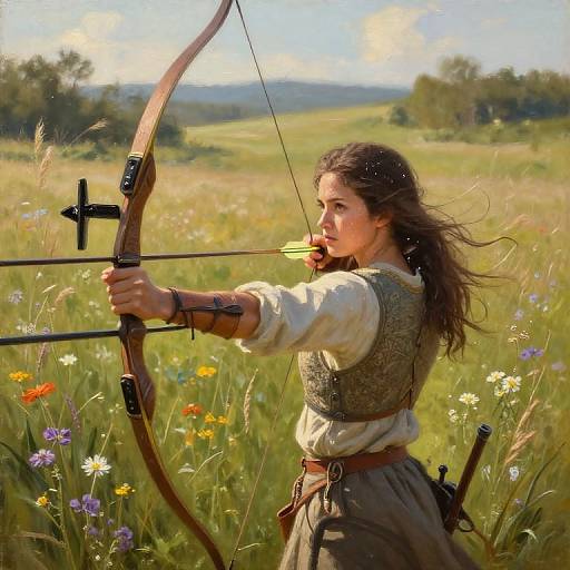 Photograph: Young woman with long brown hair, medieval-style outfit, draws a wooden bow in a sunlit meadow with wildflowers and green fields