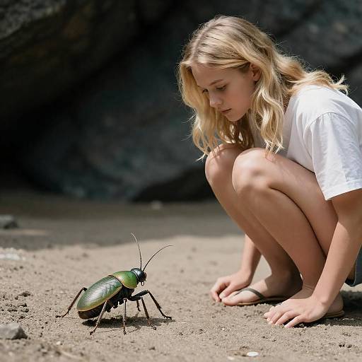 Sunlit Woman and Small Green Creature