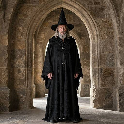 Photograph of an elderly white wizard with a long white beard, wearing a black pointed hat and tattered black robe, standing in a dimly lit