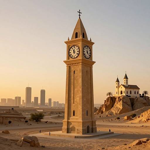 Photograph of a tall, beige clock tower with black clock faces, set in a desert landscape at sunset, with a white chapel and palm trees in