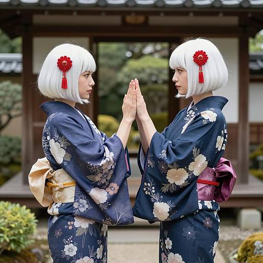 Two Women in Floral Yukatas in Japanese Garden