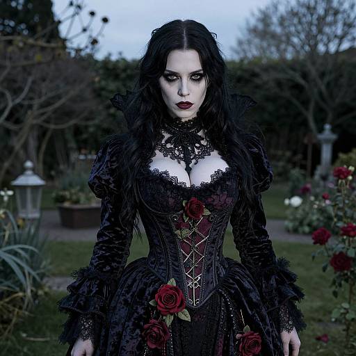 Gothic-style woman with pale skin, black lace dress, red roses, and dark makeup stands in a gloomy garden at dusk. Digital art