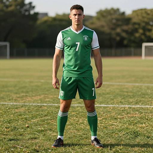 Photograph of a young, muscular male soccer player in green uniform with white accents, standing on a grassy field under sunlight.