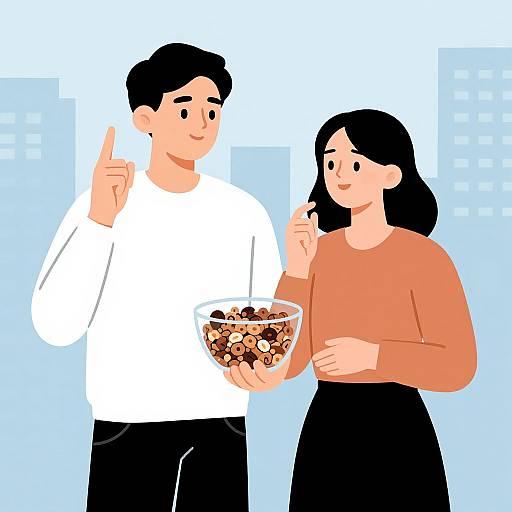Digital illustration of a black-haired couple eating from a bowl of mixed nuts; man in white shirt, woman in orange, blue background.