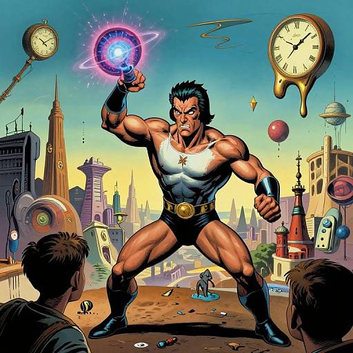 Comic-style drawing of a muscular, blue-haired superhero in black and white costume, glowing orb in hand, clock and balloons in surreal city background, viewed