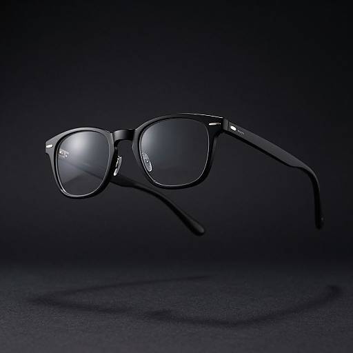 Photograph of sleek, black, rectangular eyeglasses with reflective lenses, set against a dark, gradient background, casting subtle shadows.