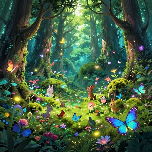 Enchanted forest scene: vibrant butterflies, glowing fireflies, colorful flowers, bunny, and brown squirrel amidst lush greenery and tall trees. Digital