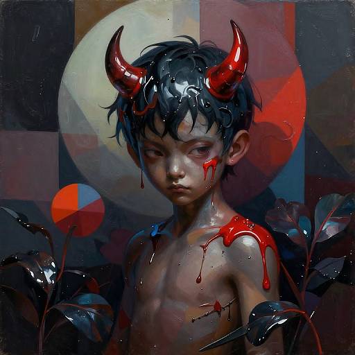 Digital painting of a melancholic, shirtless boy with black hair, red horns, and blood dripping from face and shoulders, set against a dark,