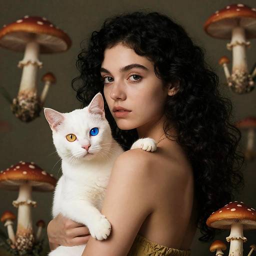 Woman with Heterochromatic Cat and Psychedelic Mushrooms