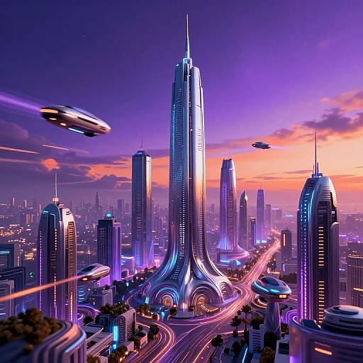 Photorealistic CGI of a futuristic cityscape at sunset, featuring glowing skyscrapers, flying drones, and vibrant purple and orange skies.
