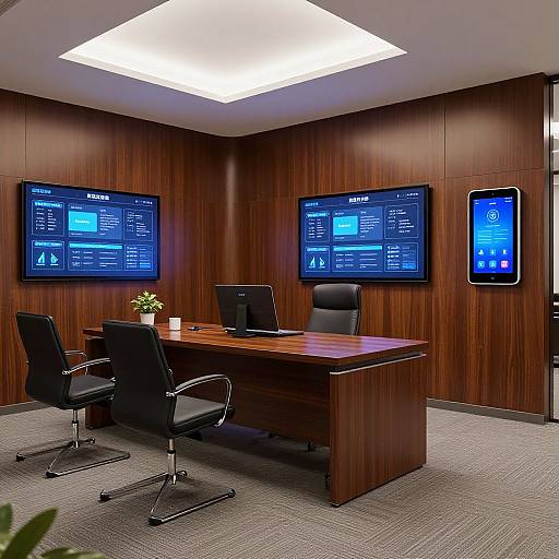 Photograph of a modern office with wooden walls, gray carpet, a large wooden desk, four black chairs, and three blue-lit computer monitors on