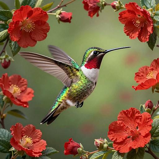 Photograph of a vibrant hummingbird with iridescent green and white feathers, red throat, and black beak, hovering among vivid red flowers.