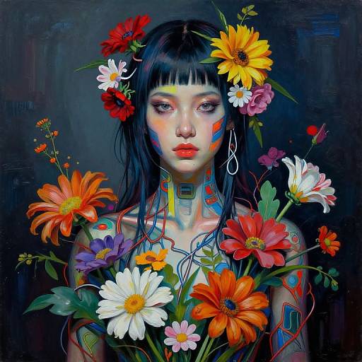 Digital art of a pale-skinned woman with black hair, adorned with colorful flowers and face paint, surrounded by vibrant daisies. Dark background enhances