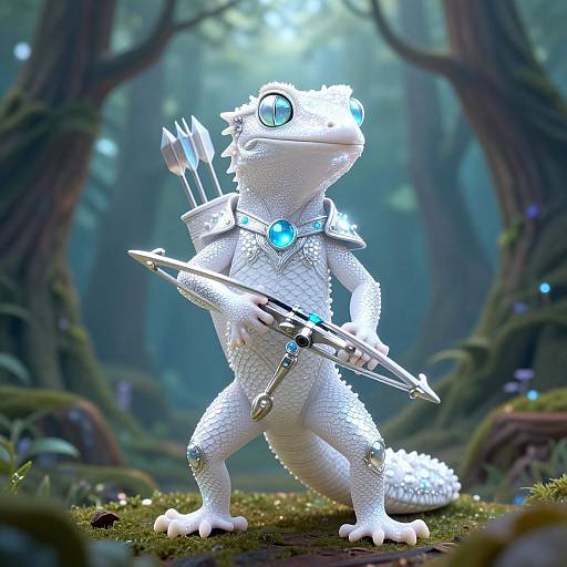 CGI image of a white, armored, futuristic lizard warrior with glowing blue eyes, holding a futuristic weapon, standing in a mystical forest.